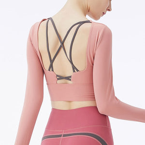 New style beautiful suspenders chest pad backless yoga wear long-sleeved sports women's nude fitness short top