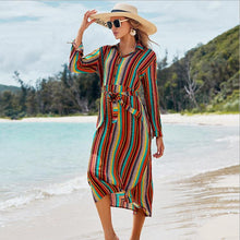 Load image into Gallery viewer, New Shirt Collar Color Strip Button Belt Beach Cover up