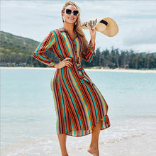 Load image into Gallery viewer, New Shirt Collar Color Strip Button Belt Beach Cover up