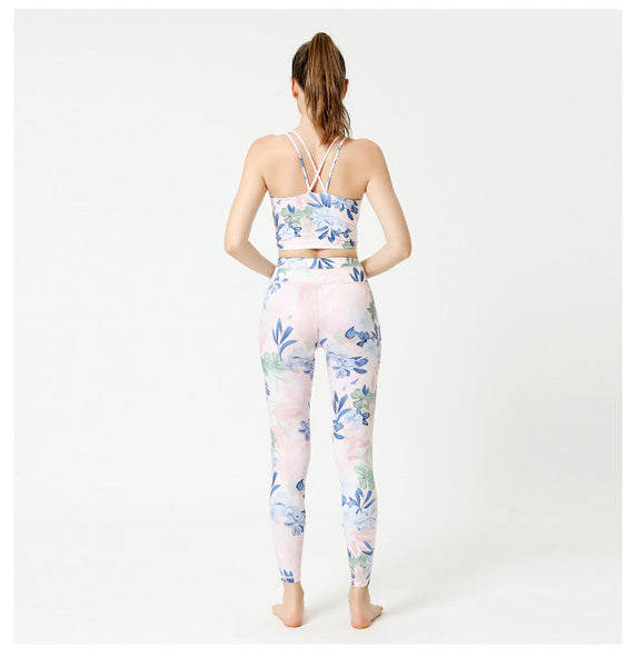 2 Pcs Suit Yoga Suit Women's Print Yoga Tights Back Sports Bra Fitness Suit