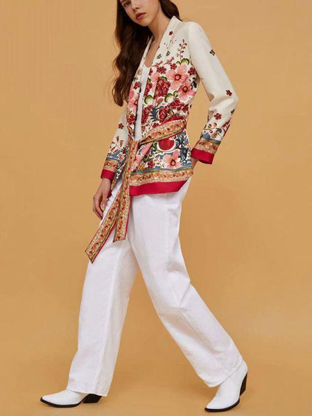 Summer Bohemia Fashion Belt Printing Long Sleeve Casual V-Neck Coat