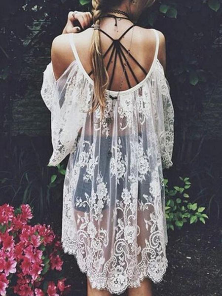 Vintage Hippie Boho Floral Lace Crochet Cover-Up