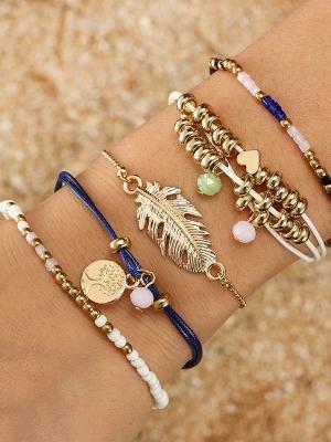 Ethnic Style Creative Alloy Rice Beads Love Leaves Feathers Multi-Layer Bracelet Cord Woven Bracelet Set Of 5