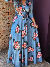 Load image into Gallery viewer, Long Sleeve Floral V Neck Slim Waist Maxi Dress with Belt