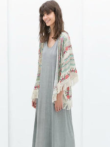 Summer And Autumn Bat Sleeves Chiffon Print Shawl Tassel Cardigan Top