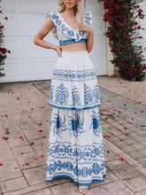 Load image into Gallery viewer, Print V Neck Sleeveless Tops High Waist Skirt 2 Pieces Set