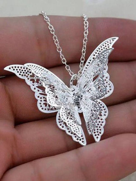 Silver Plated Openwork Butterfly Diamondd Wings Necklace