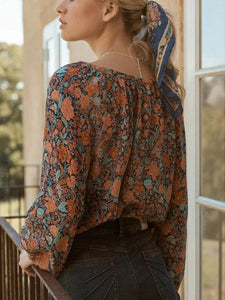 Spring New Bohemian Vintage Lace Print Cutout Long Sleeve Shirt Top