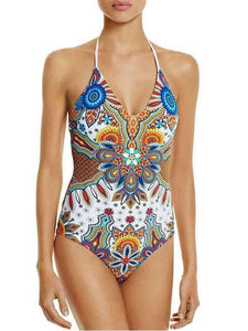 Siamese Print Gathered Multi-Rope Backless Sexy Swimwear