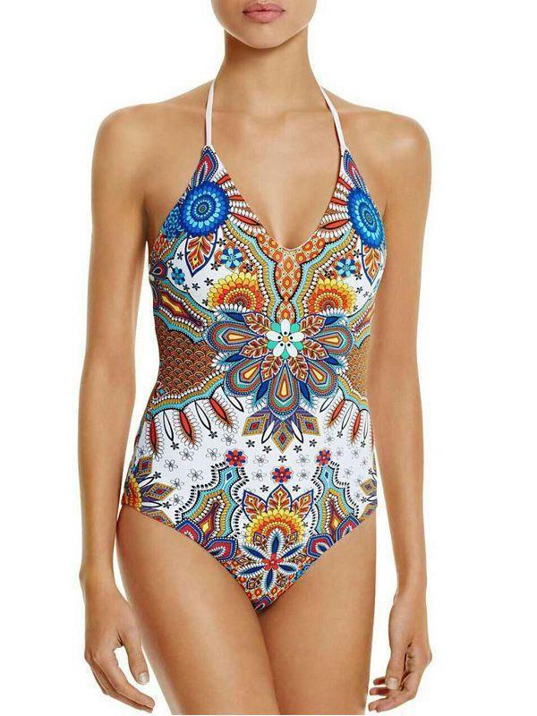 Siamese Print Gathered Multi-Rope Backless Sexy Swimwear