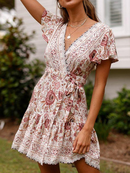 Spring Bohemian Beach Deep V-Neck Large Hem Print Dress