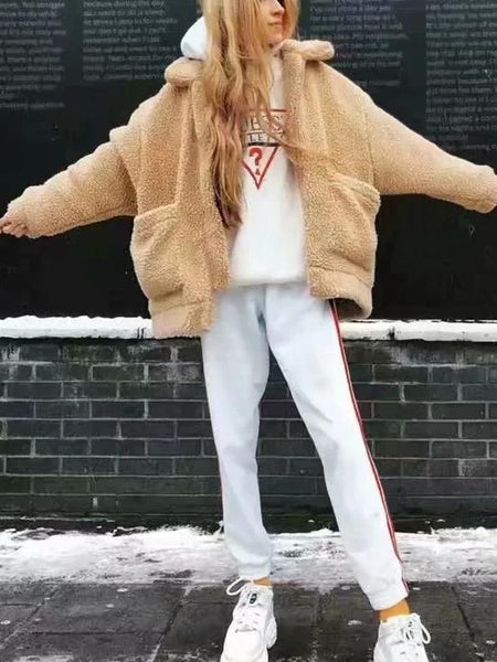 Loose Padded Warm Lamb Lamb Leisure Lapel Double Pocket Coat