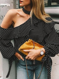 Polka Dot One Shoulder Irregular T Shirt