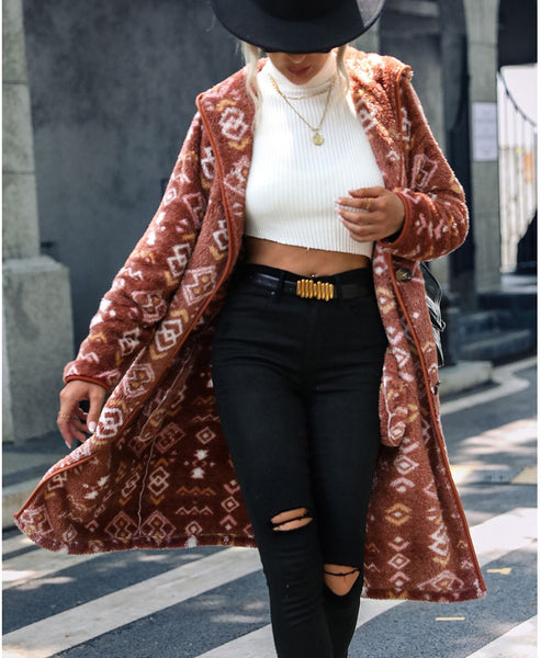 Women's Hooded Long Sleeve Geometric Print Single Breasted Plush Regular Plush Jacket