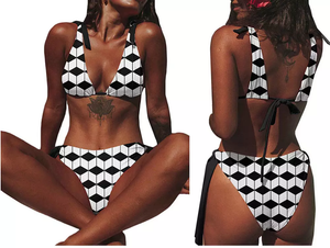 Sexy Stripe Bandage Bikinis Women Patchwork High Waist Swimwear