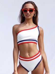 One-shoulder Swimsuit Split Striped Bikini