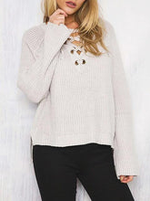 Load image into Gallery viewer, Asymmetric Solid Color V-neck Lace-Up Loose Sweater Tops