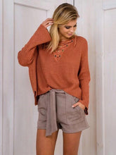 Load image into Gallery viewer, Asymmetric Solid Color V-neck Lace-Up Loose Sweater Tops