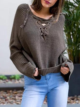 Load image into Gallery viewer, Asymmetric Solid Color V-neck Lace-Up Loose Sweater Tops