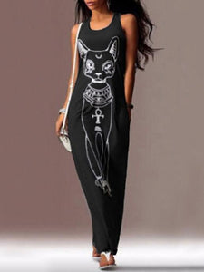 Cat Printed Straps Sleeveless Maxi Dress