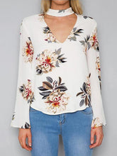 Load image into Gallery viewer, White Floral Print V-neck Blouse&amp;shirt Tops