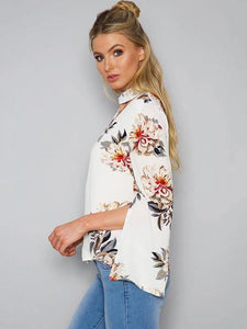 White Floral Print V-neck Blouse&shirt Tops