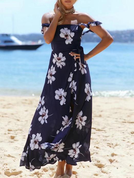 Blue Floral Off-the-shoulder Split-front Bohemia Maxi Dress