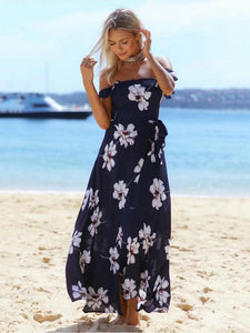 Blue Floral Off-the-shoulder Split-front Bohemia Maxi Dress