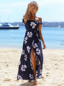 Blue Floral Off-the-shoulder Split-front Bohemia Maxi Dress