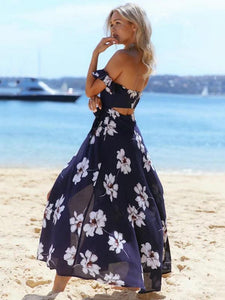 Blue Floral Off-the-shoulder Split-front Bohemia Maxi Dress