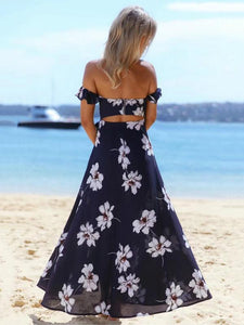 Blue Floral Off-the-shoulder Split-front Bohemia Maxi Dress