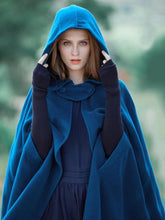 Load image into Gallery viewer, Blue Hooded Cloak Trench Cape Outwear