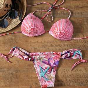Women Low Waist Bandage Bikini Set Print Swimsuit