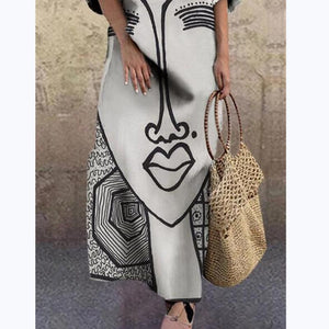 Art Black and White Print Spring and Summer New Women's Fashion Face Print Loose Large Size Dress