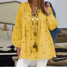 Load image into Gallery viewer, Women White Casual Lantern Long Sleeve Hollow Pentagram Printed Blouse Shirt