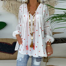 Load image into Gallery viewer, Women White Casual Lantern Long Sleeve Hollow Pentagram Printed Blouse Shirt
