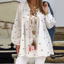 Load image into Gallery viewer, Women White Casual Lantern Long Sleeve Hollow Pentagram Printed Blouse Shirt