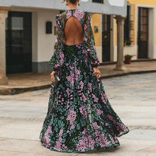 Load image into Gallery viewer, Women Floral Vintage Long Sleeve Backless Long Maxi Dress