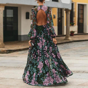 Women Floral Vintage Long Sleeve Backless Long Maxi Dress