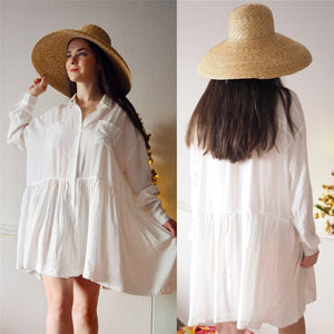 Women Summer Beach Wear White Cotton Tunic Sexy Plunging Neck Front Pocket Short Mini Dress Beach Cover Up