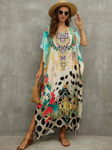 2023 Boho Kaftan Flora Printed Loose Casual Dress Autumn Vacation Wear Tunic Women Clothing Beach Wear Swim Suit Cover Up Q1464