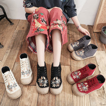 Load image into Gallery viewer, New national style women&#39;s shoes, front lace up, middle upper, casual women&#39;s short boots, thick bottomed round head embroidered shoes