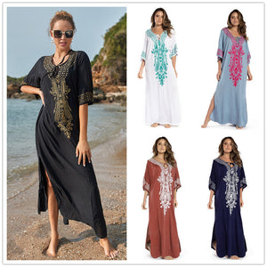 Cotton Embroidered Robe Style Beach Sun Protection Shirt Beach Vacation Bikini Cover Shirt -7 Colors