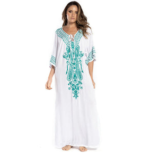 Cotton Embroidered Robe Style Beach Sun Protection Shirt Beach Vacation Bikini Cover Shirt -7 Colors