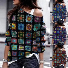 Load image into Gallery viewer, Women's foreign trade popular loose long sleeve Pullover slant collar printed T-shirt