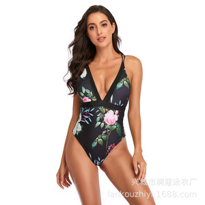Bikini ladies printed color matching V backless one-piece swimsuit