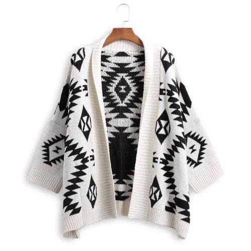 Medium length diamond jacquard cardigan sweater coat