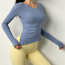 Load image into Gallery viewer, Sexy Slit Hem Sports Top Women Lace Long Sleeve Tight Yoga Wear Running T-shirt Workout Wear