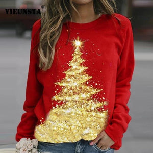 Christmas printed round neck pullover long sleeve fleece sweater woman