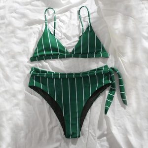 Striped Crossband Swimwear Sexy Backpiece High Waist Bikini